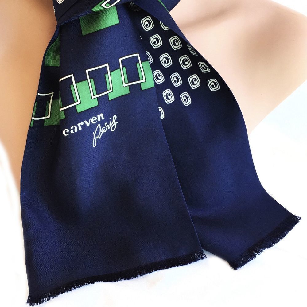 VTG CARVEN PARIS DOUBLE SIDED SILK SCARF NAVY